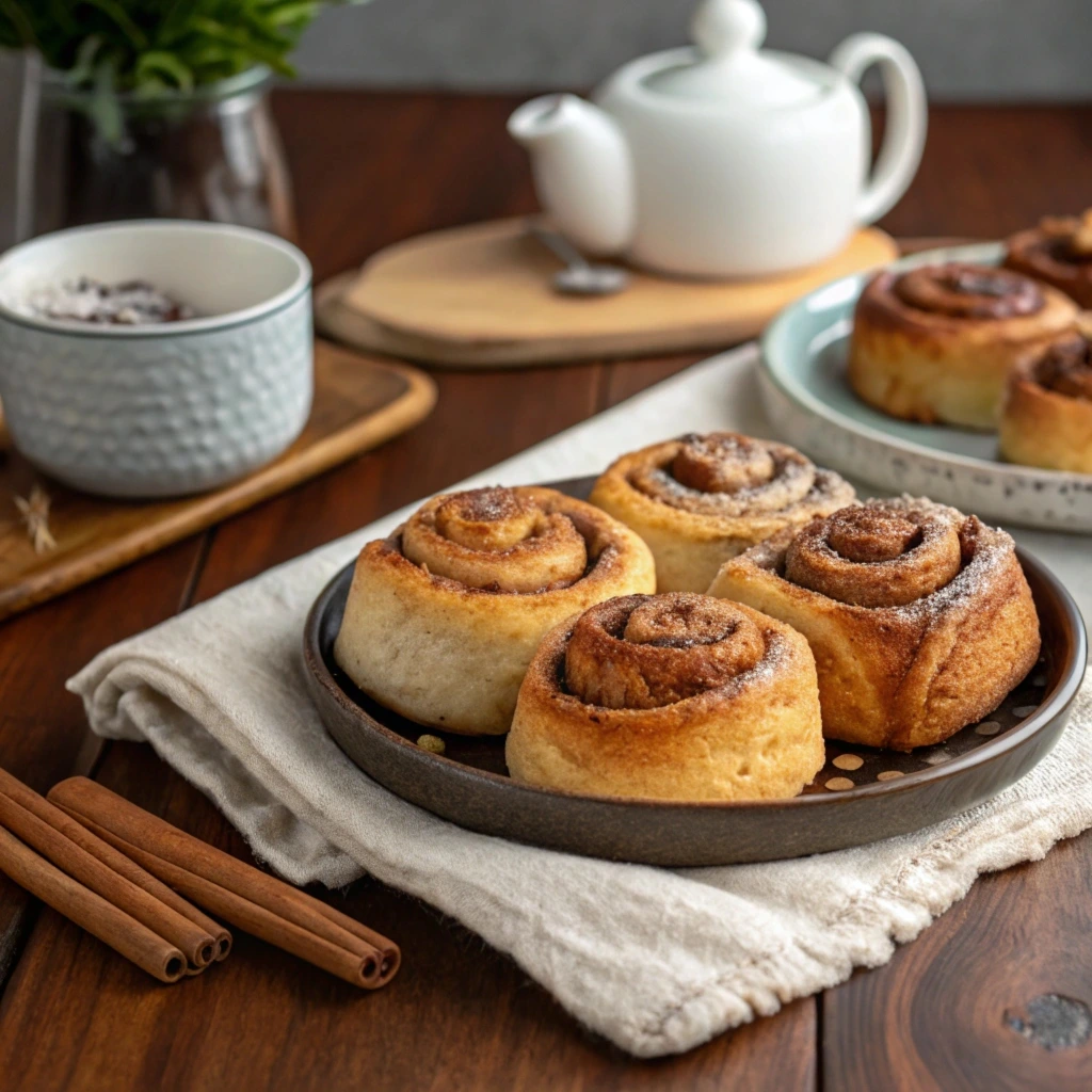 A close-up of freshly baked sourdough discard cinnamon rolls, drizzled with vanilla glaze, on a white plate.