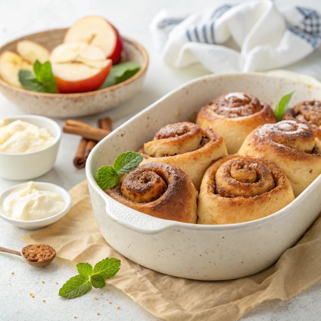 A close-up of freshly baked sourdough discard cinnamon rolls, drizzled with vanilla glaze, on a white plate.