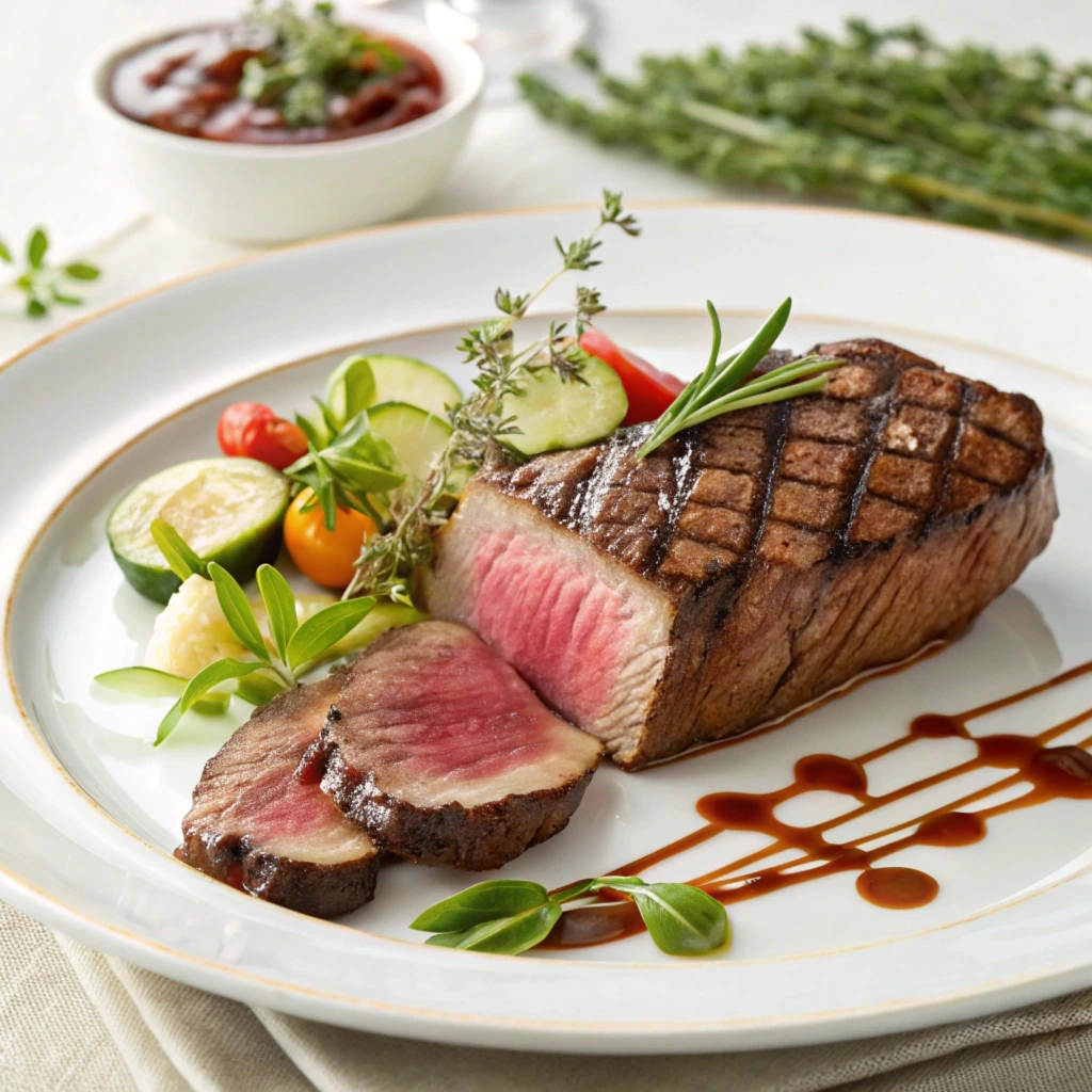 Teres major steak sliced on a wooden board with herbs and garlic.