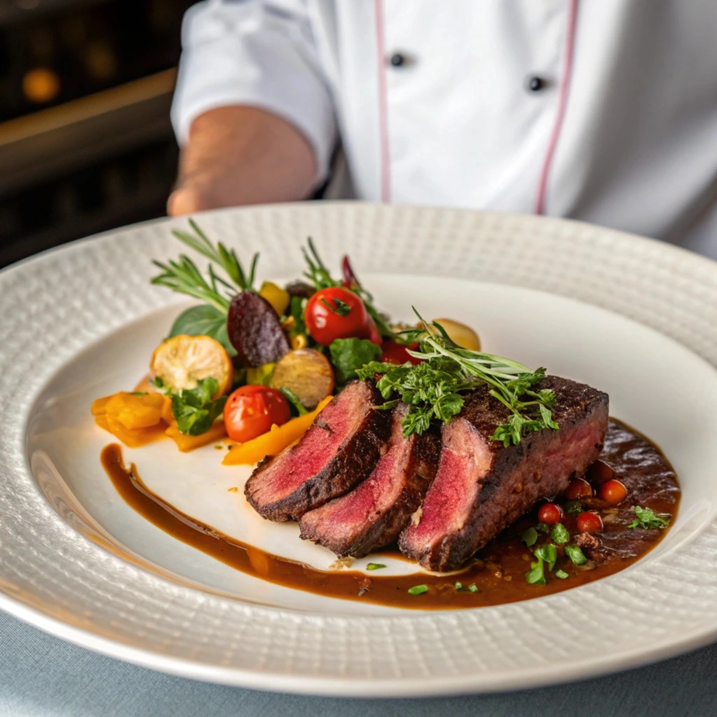 Teres major steak sliced on a wooden board with herbs and garlic.