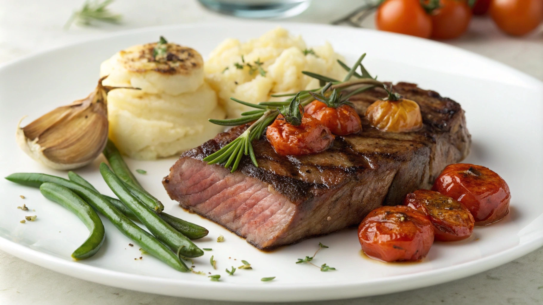 Teres major steak sliced on a wooden board with herbs and garlic."