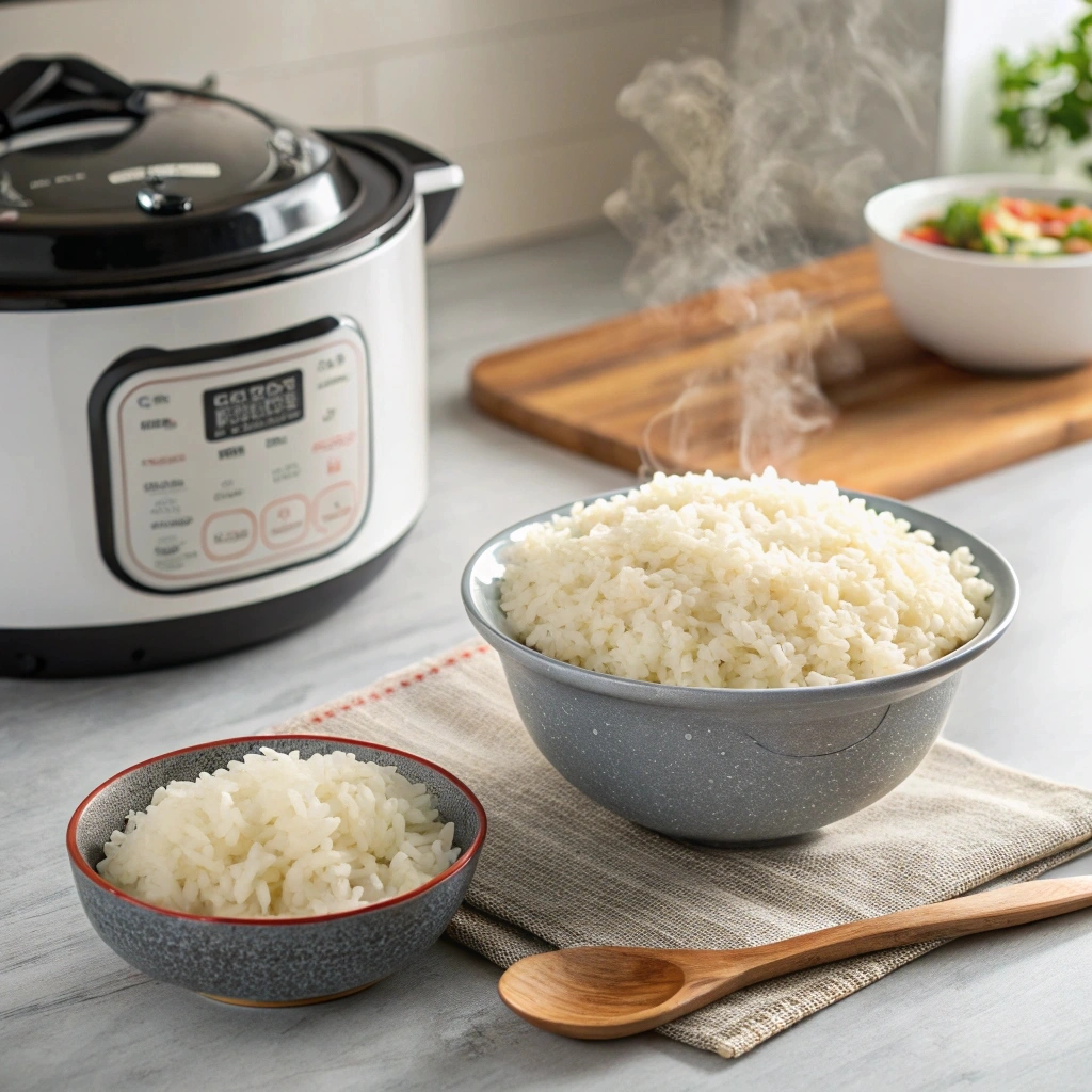 Freshly cooked rice in an Instant Pot on a kitchen counter, with steam rising and a wooden spoon ready for serving.
How Long to Cook Rice in an Instant Pot 