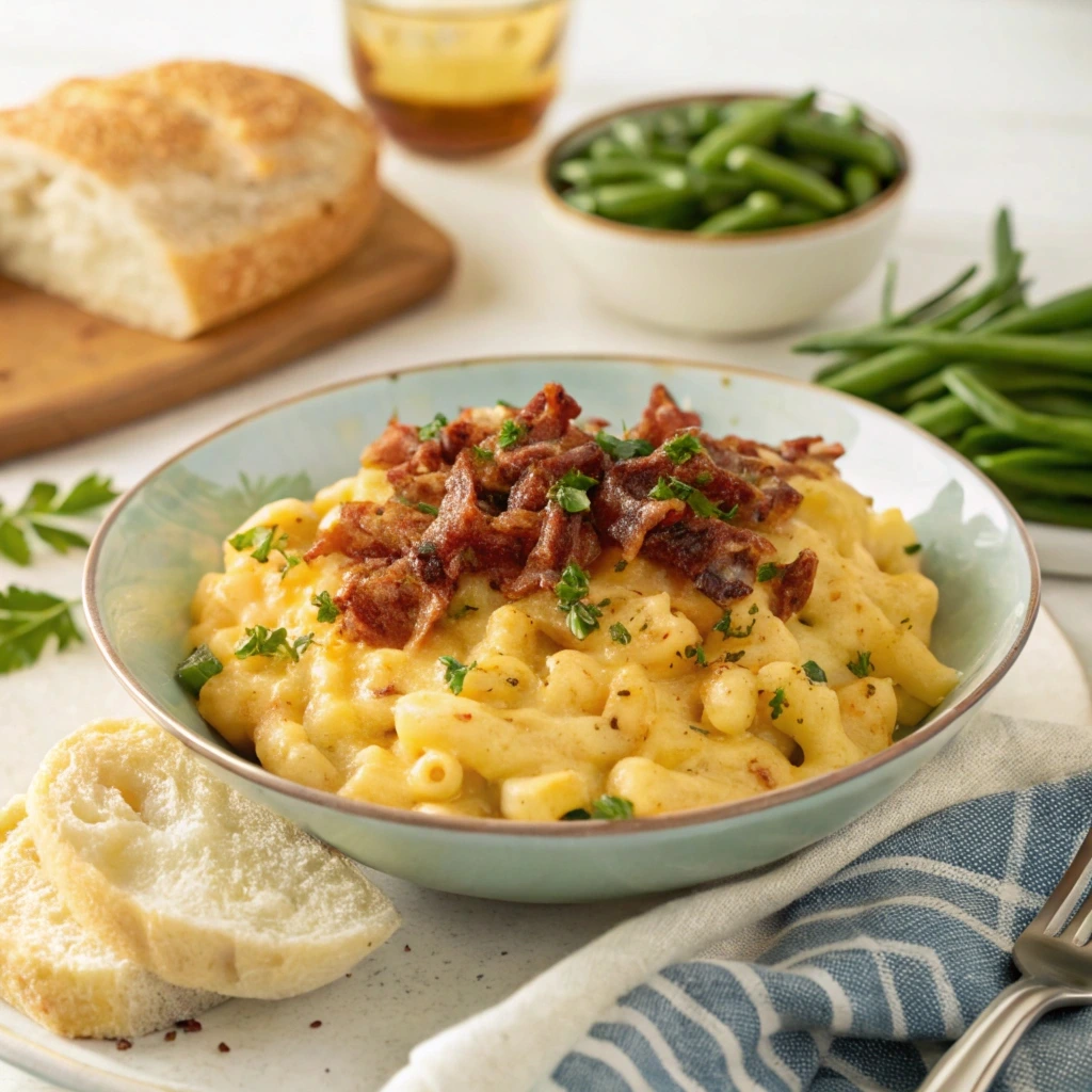 A creamy bowl of Tini’s Mac and Cheese garnished with fresh parsley and served in a cast iron skillet.

