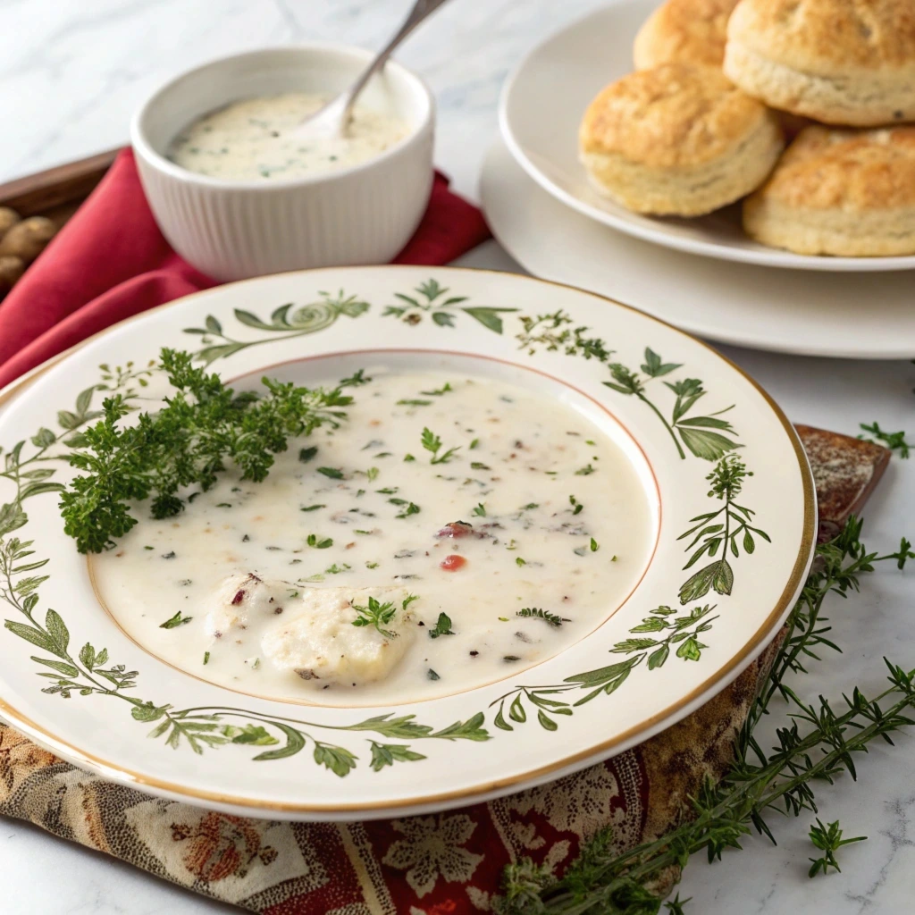 Creamy white gravy in a skillet served with biscuits – a classic white gravy recipe