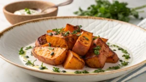 White sweet potatoes on a wooden table, showcasing their pale flesh and versatility as a healthy carb.