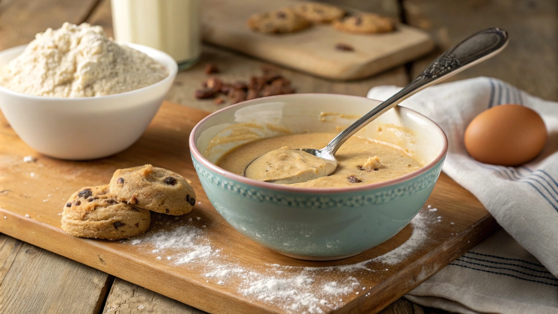 Cookie dough with a runny consistency on a mixing bowl.