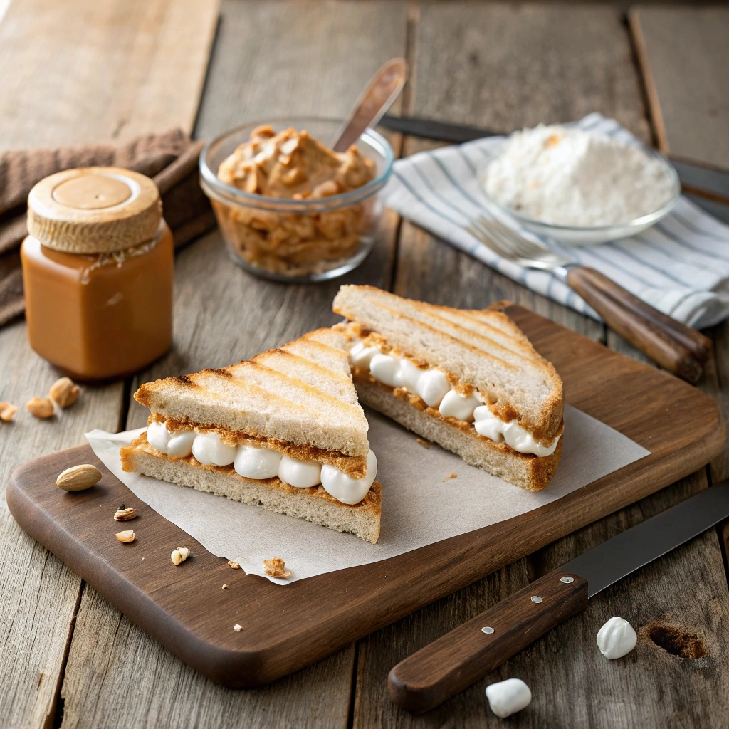 Mini fluffernutter sandwiches served on a decorative platter.