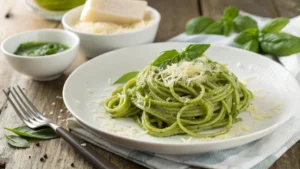 A vibrant plate of green spaghetti with fresh basil and grated Parmesan cheese.