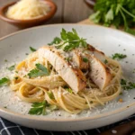 Garlic Parmesan Chicken Pasta served with a garnish of fresh parsley and extra parmesan cheese.