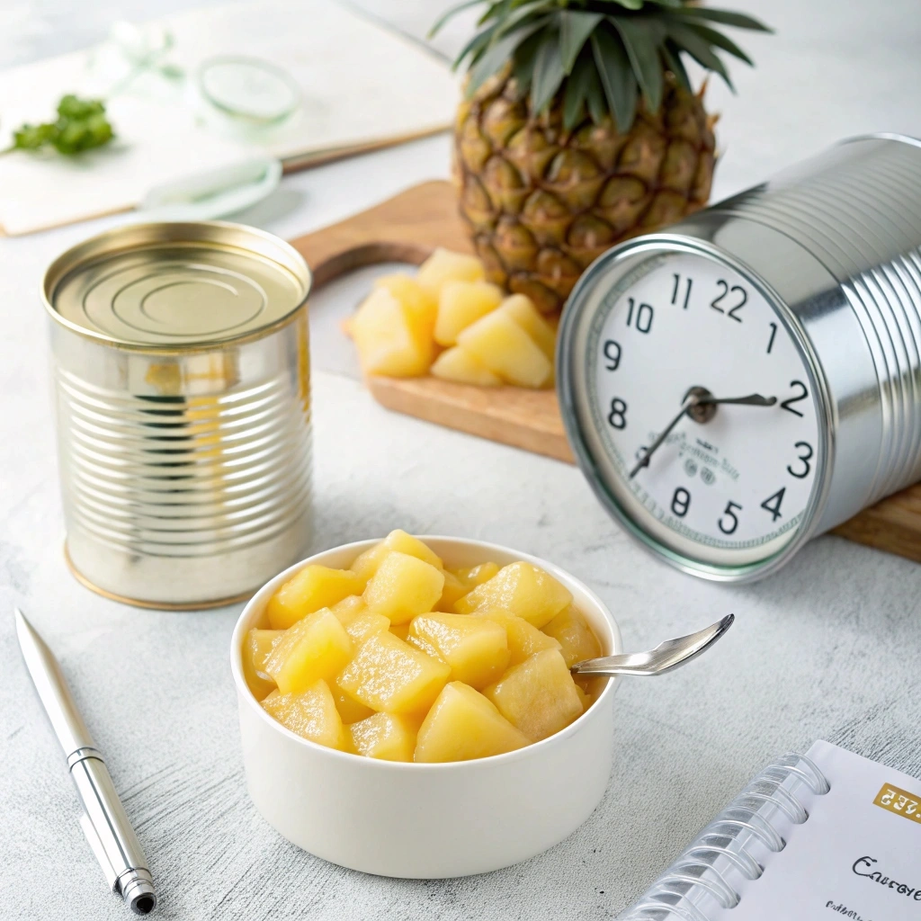 A bowl of canned pineapple chunks with an open tin beside it, placed on a clean kitchen countertop, highlighting the convenience and readiness of canned pineapple for cooking or snacking