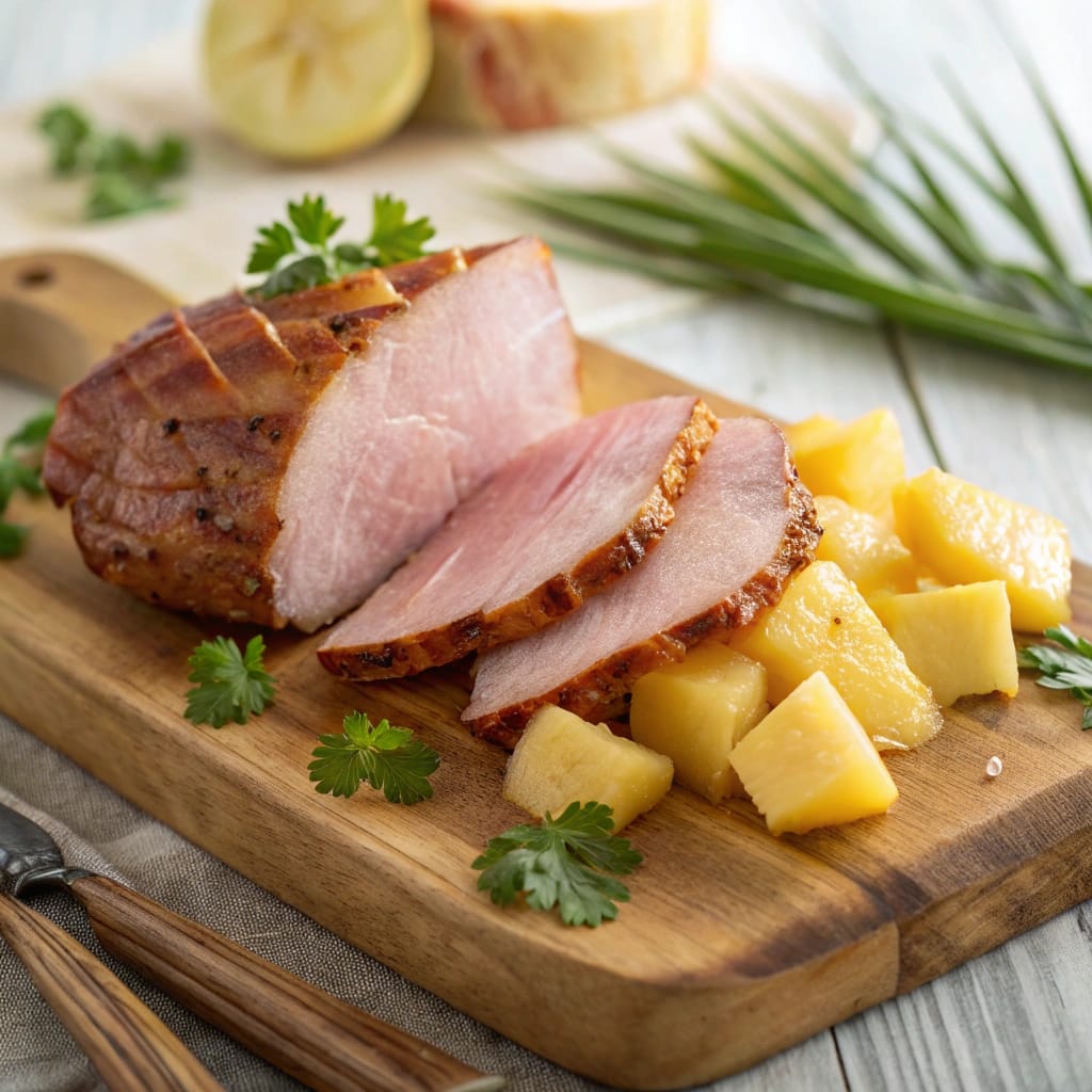 Smoked ham slices and fresh pineapple chunks arranged on a rustic wooden board, illustrating the science of ham and pineapple pairing