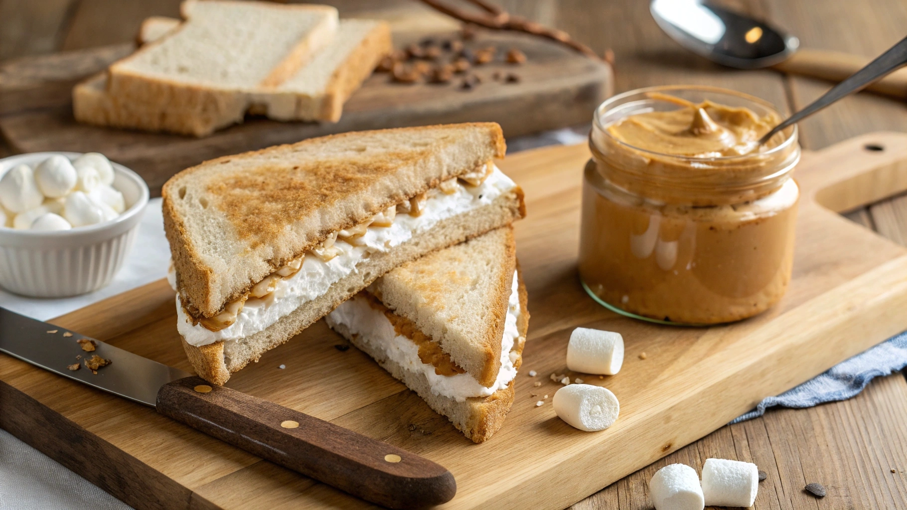 Fluffernutter sandwich with peanut butter and marshmallow fluff on a wooden table