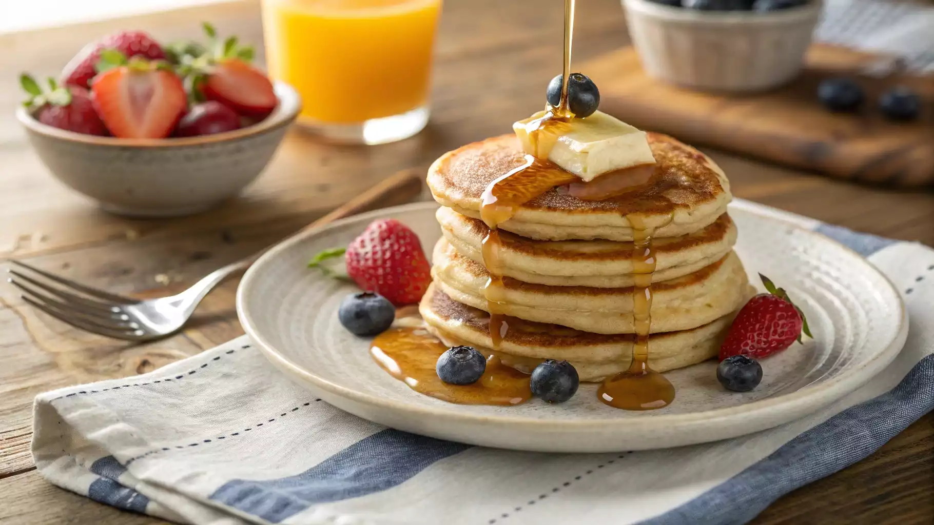 Stack of golden mini pancakes topped with syrup, butter, and fresh fruit.