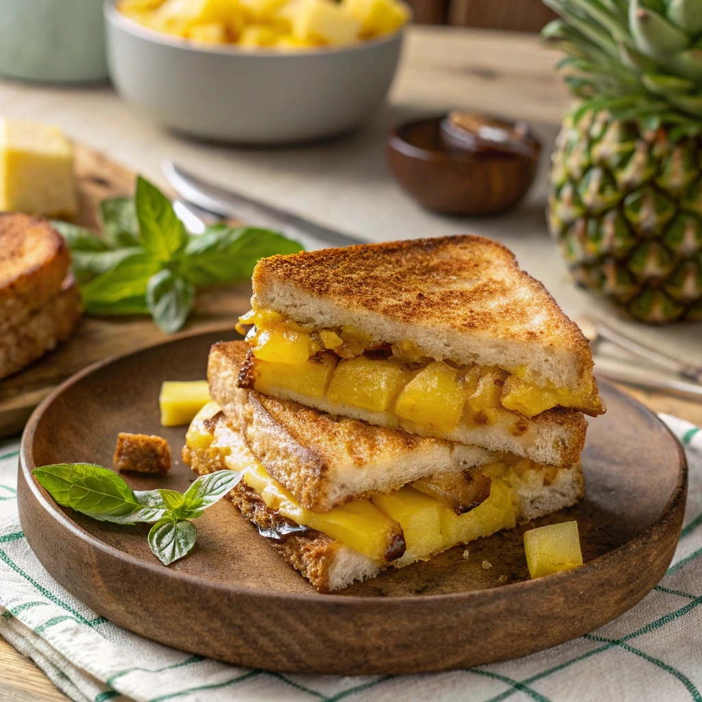 Close-up of a tropical grilled sandwich with golden-brown bread, melted cheese, and caramelized pineapple slices, served on a rustic wooden plate