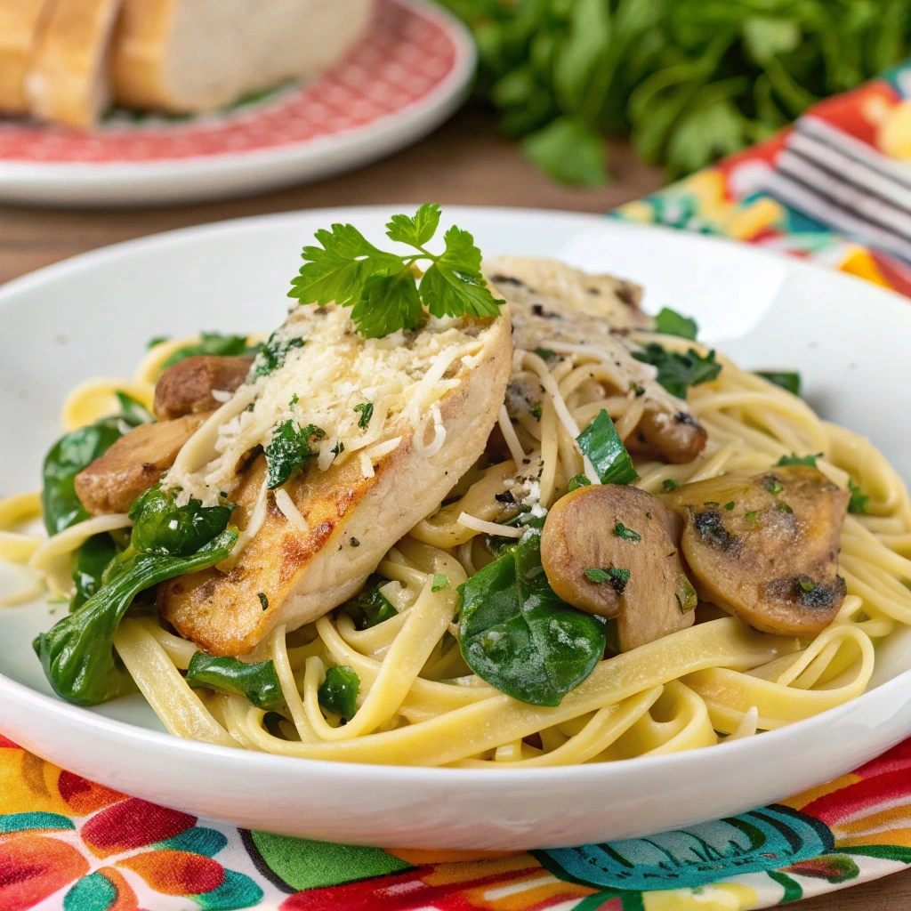 Garlic Parmesan Chicken Pasta with added spinach and mushrooms