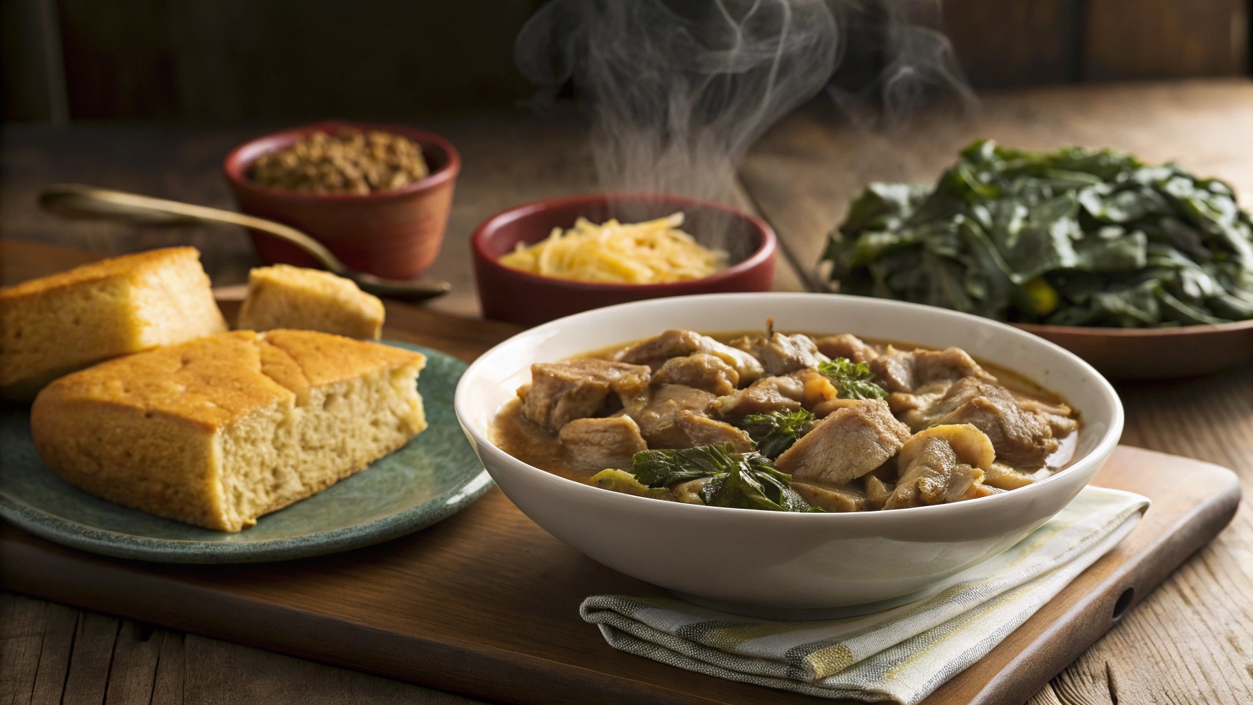 A steaming bowl of Southern-style chitterlings with cornbread