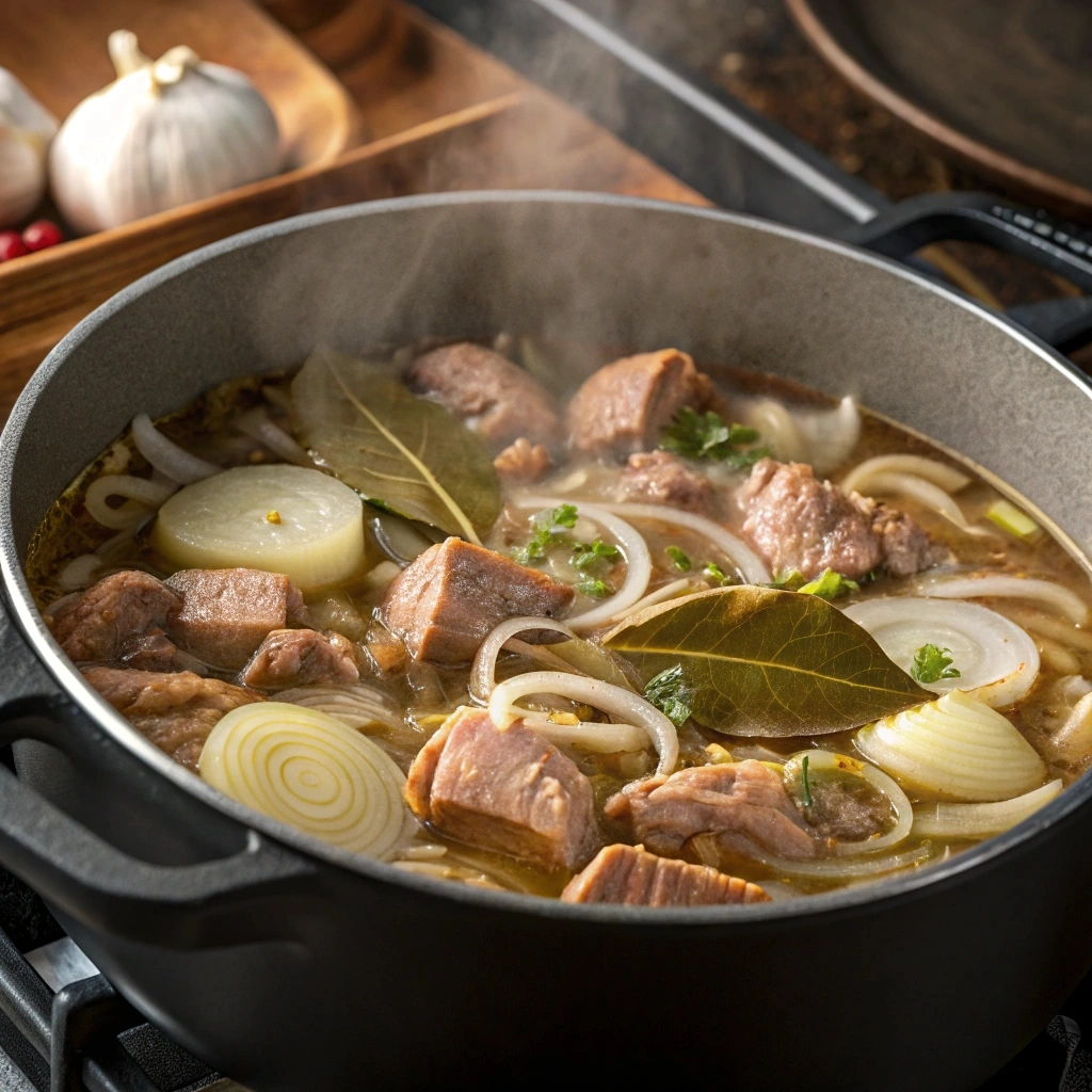 A pot of boiling chitterlings with onions and spices