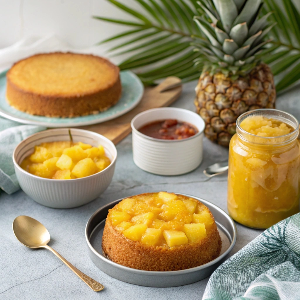 A variety of dishes, including pineapple upside-down cake, smoothies, and marinades, made with canned pineapple, displayed on a kitchen counter with an open can of pineapple chunks nearby.