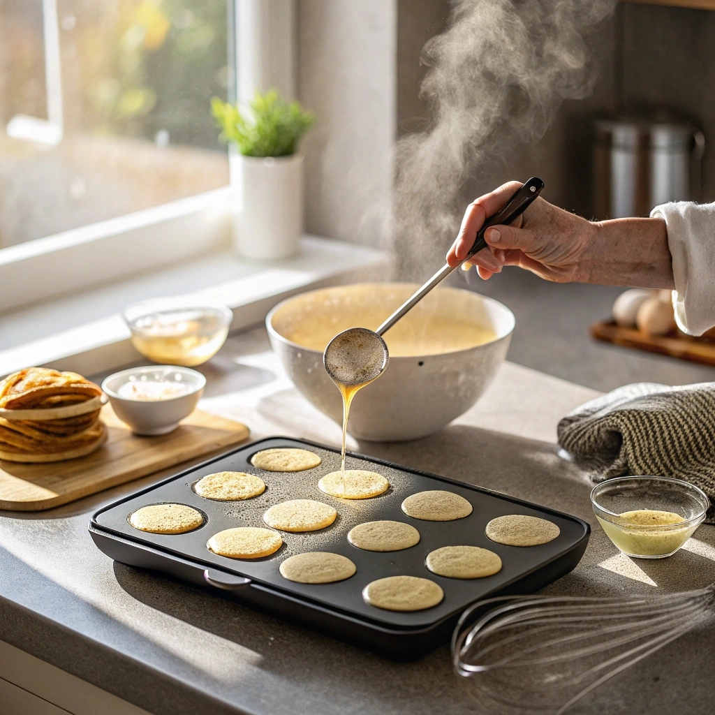 Hands pouring batter onto a hot griddle to make mini pancakes, with bubbles forming on the surface and golden edges starting to appear.
How long do you cook mini pancakes for