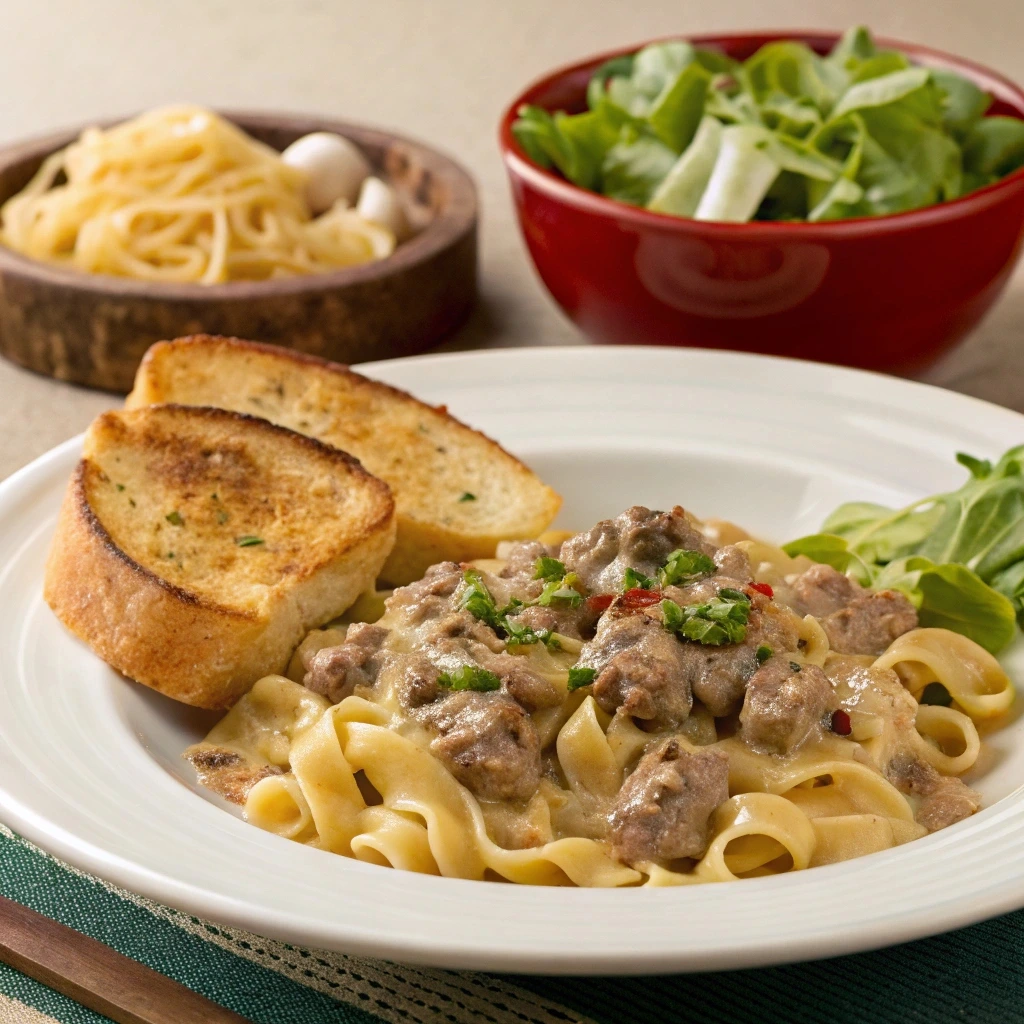 A skillet with simmering Hamburger Helper Beef Stroganoff, pasta cooking in the creamy sauce.