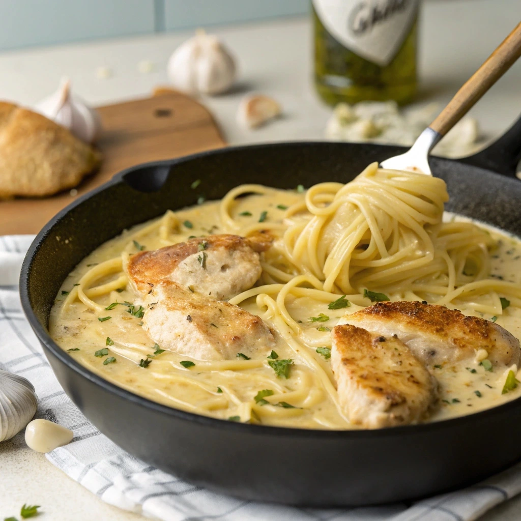 Garlic parmesan sauce being stirred in a skillet with chicken and pasta added