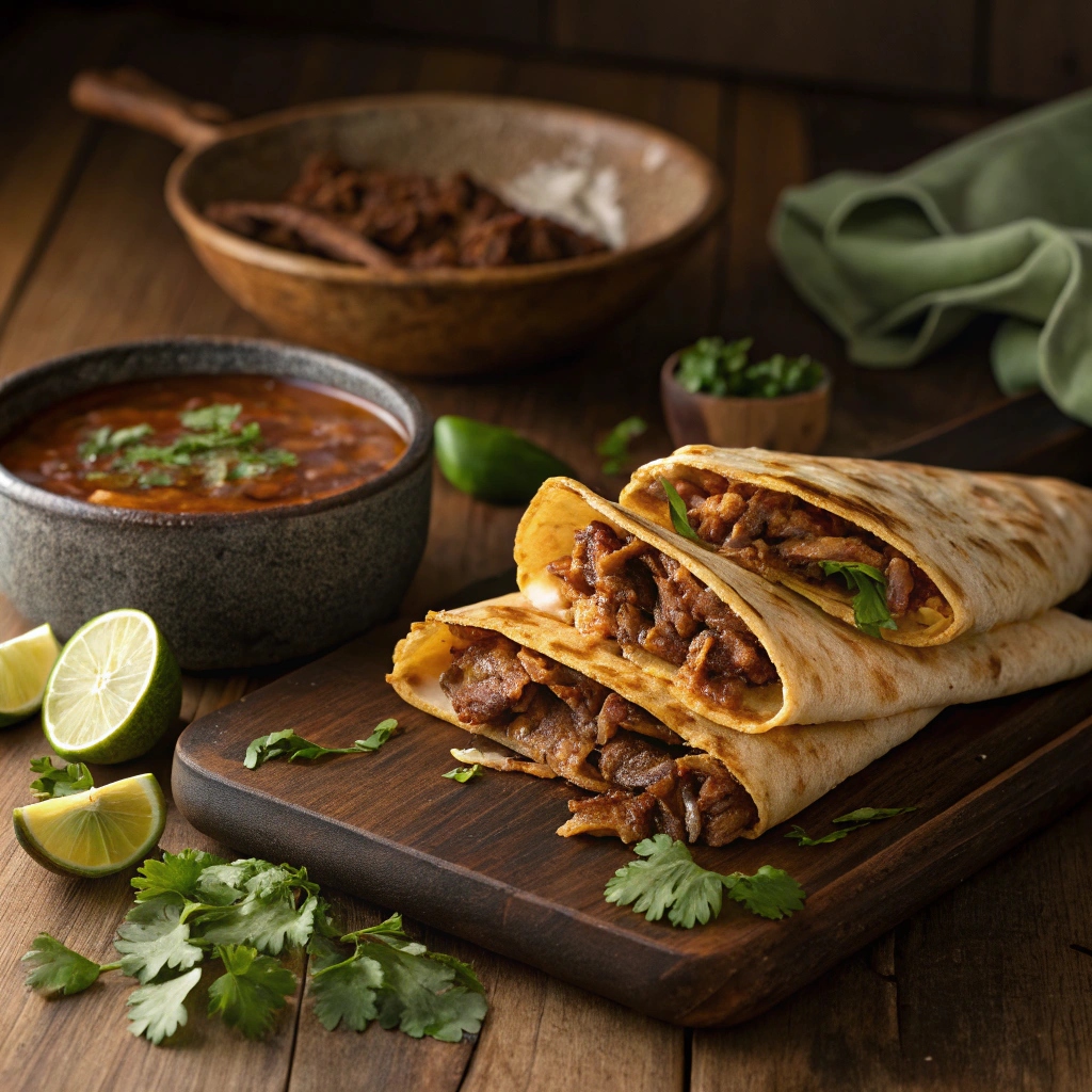 Freshly prepared quesabirria tacos filled with tender birria meat and melted cheese, served with a bowl of consommé for dipping, garnished with cilantro and lime wedges on a rustic wooden table.
Why is birria suddenly so popular?