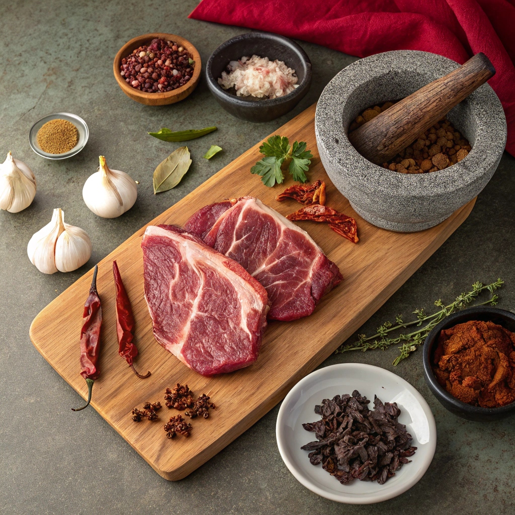 Essential ingredients for birria preparation, including fresh cuts of beef or goat meat on a wooden cutting board, surrounded by dried guajillo, ancho, and pasilla chilies, garlic bulbs, cinnamon sticks, cumin seeds, oregano sprigs, bay leaves, and a bowl of vinegar, set in a rustic kitchen with warm lighting
Why is birria suddenly so popular?