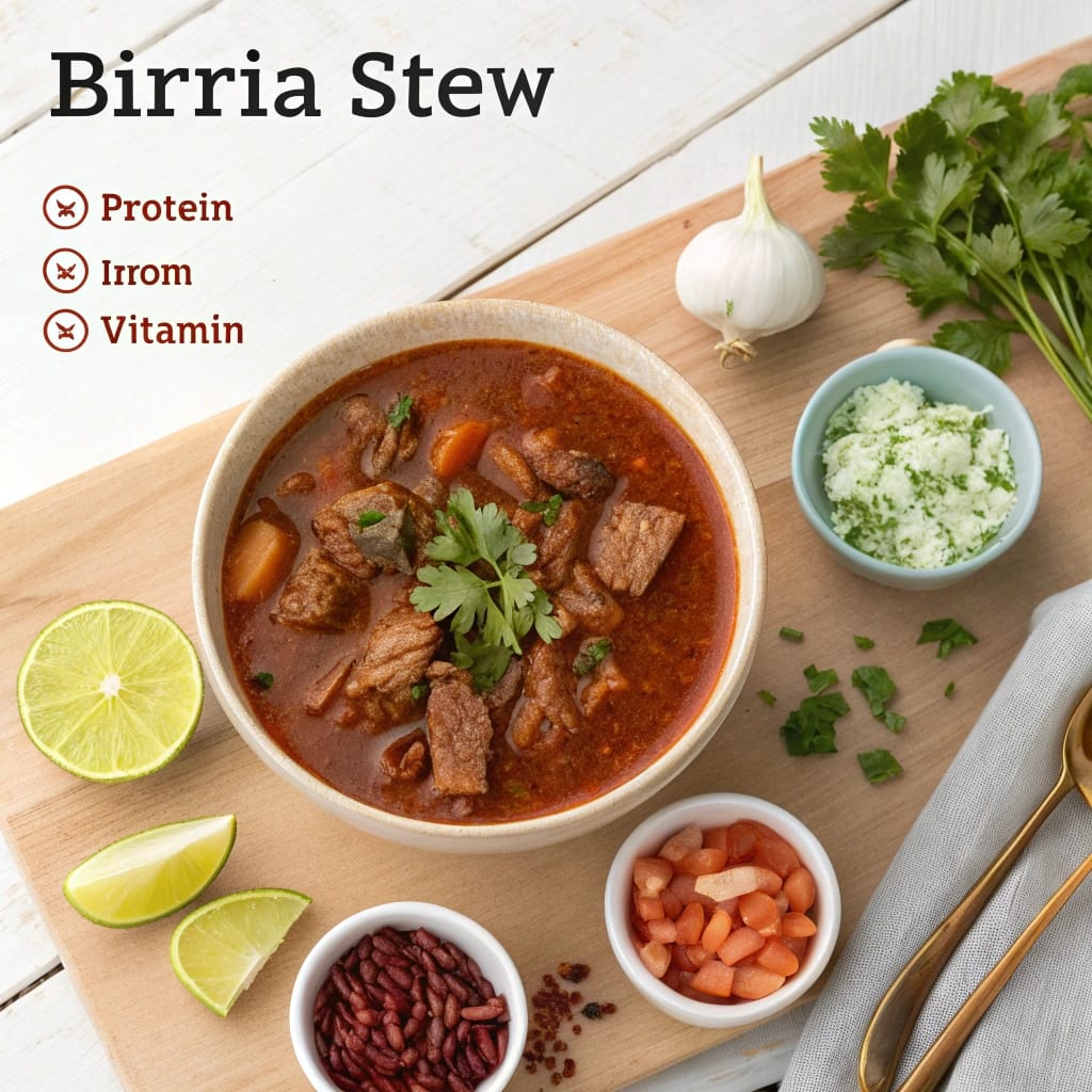 A bowl of birria stew surrounded by dried chilies, garlic, cumin, oregano, and lime wedges, highlighting its rich nutrients and health benefits.