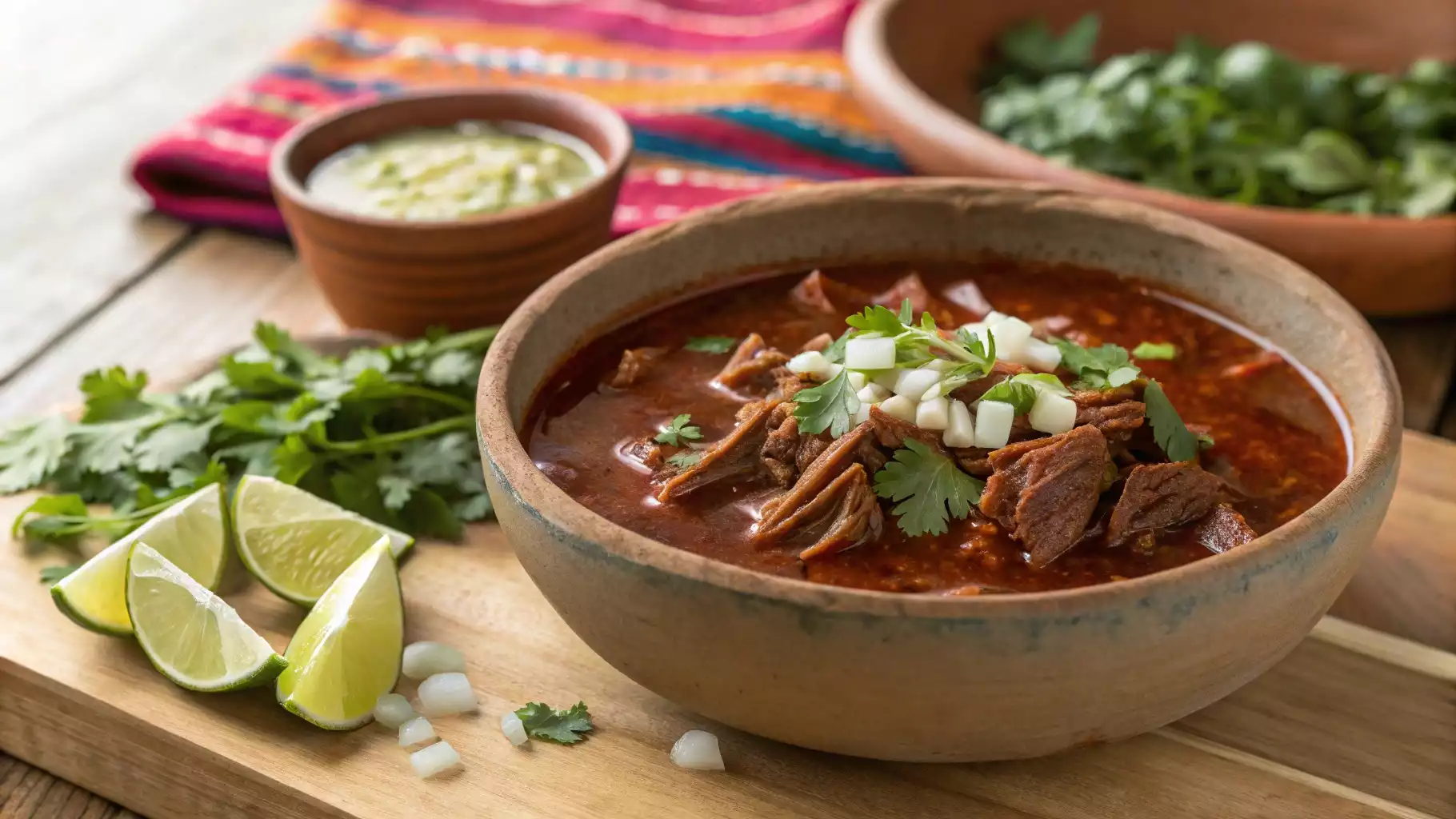 Traditional Mexican birria stew in a clay bowl, garnished with cilantro, onions, and lime wedges, showcasing its rich consommé