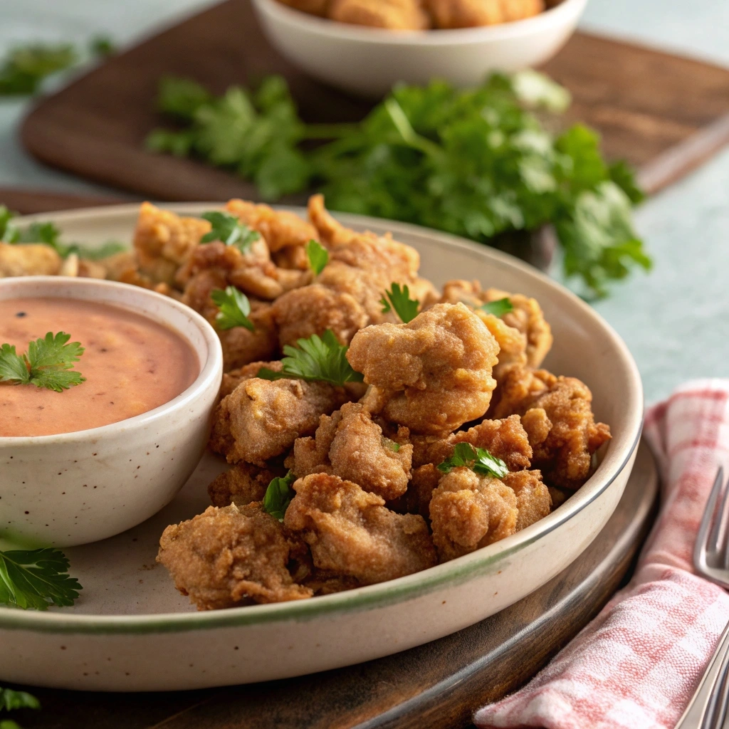 Fried chitterlings on a plate with dipping sauce.