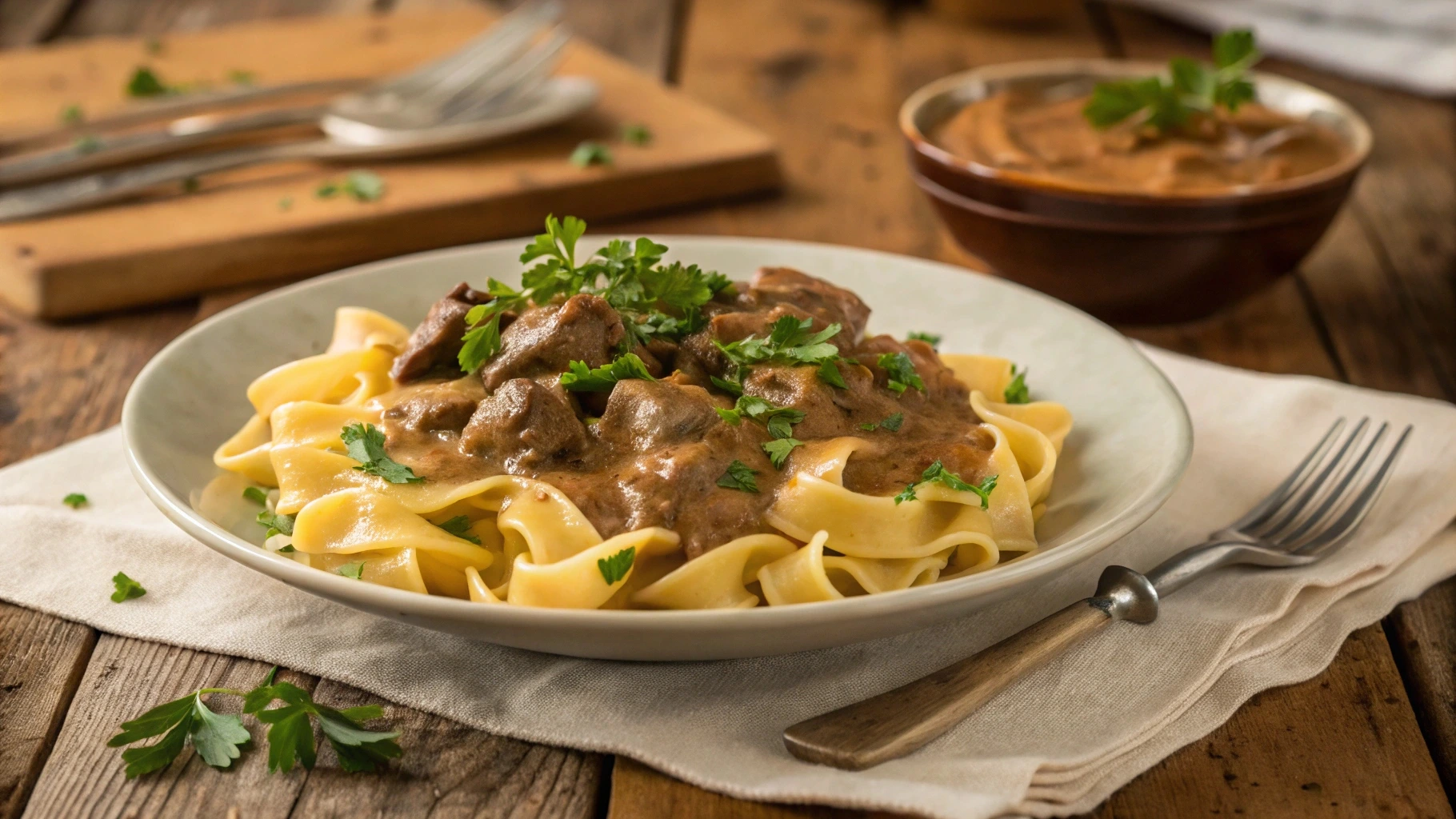 A steaming plate of Hamburger Helper Beef Stroganoff garnished with fresh parsley