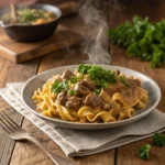 A plate of Hamburger Helper Beef Stroganoff served with a side salad and a slice of garlic bread.