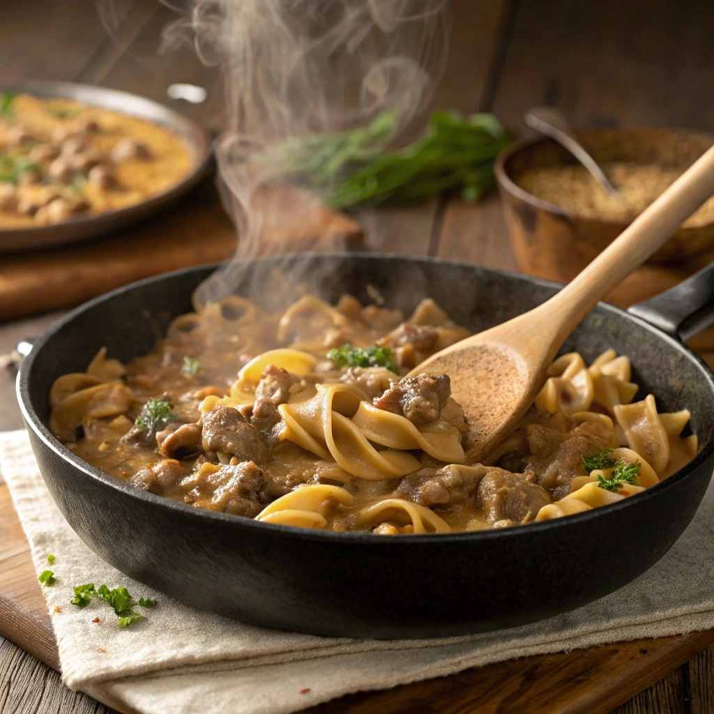  Key ingredients for Hamburger Helper Beef Stroganoff, including the boxed kit, ground beef, milk, and water