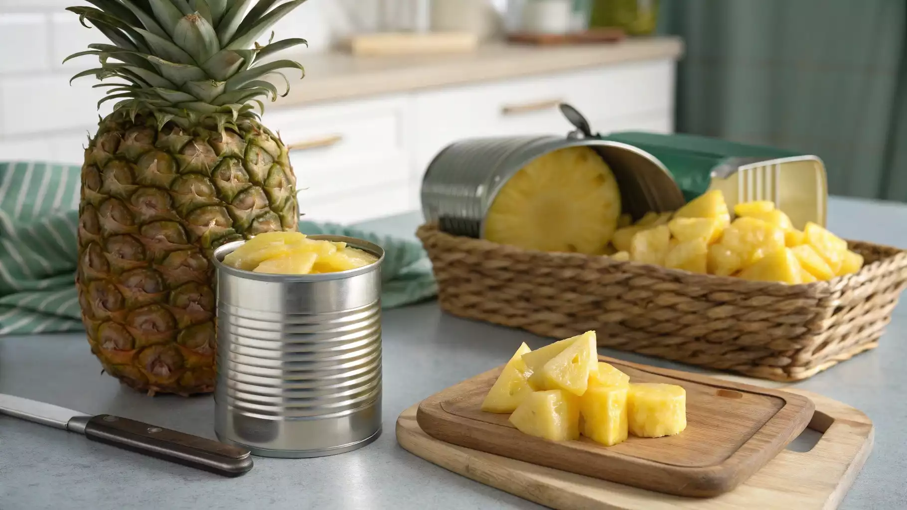 Comparison of fresh pineapple and canned pineapple in a modern kitchen