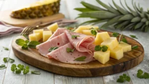 Thinly sliced ham and fresh pineapple chunks on a rustic wooden platter, showcasing why ham and pineapple go together.