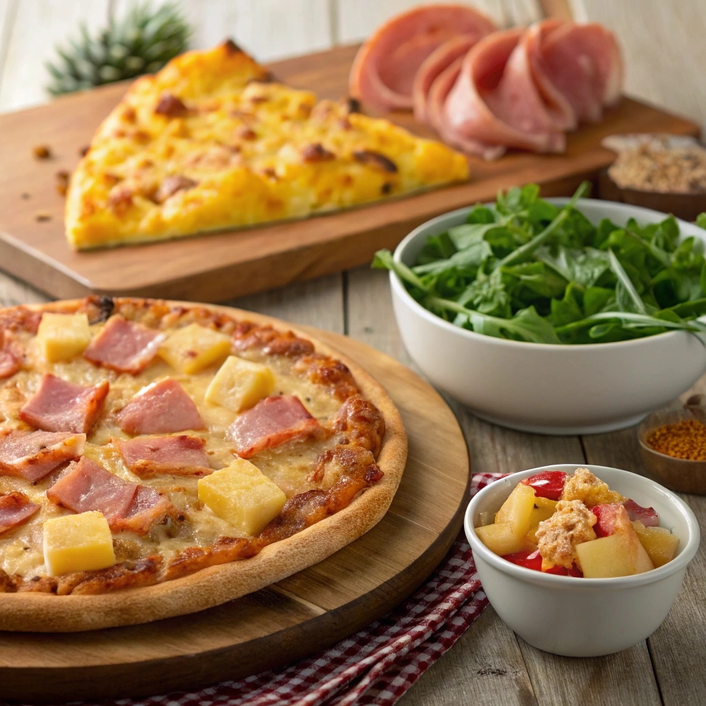 An assortment of popular dishes featuring ham and pineapple, including Hawaiian pizza, grilled skewers, and a tropical salad, displayed on a rustic table.