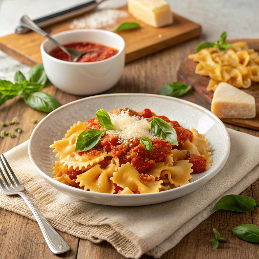 Campanelle pasta served with tomato sauce, garnished with fresh basil and Parmesan cheese, on a wooden table with a fork and napkin