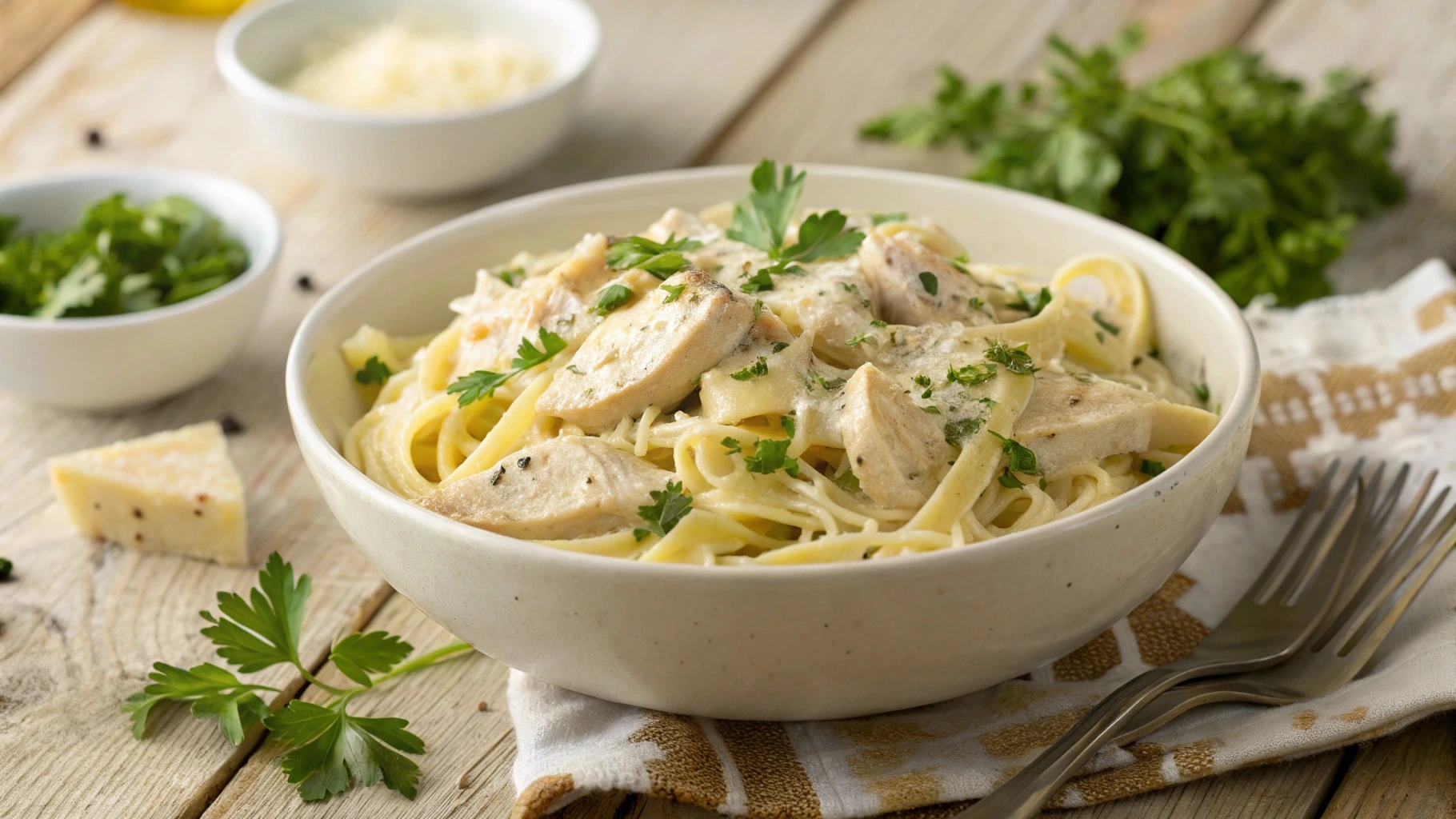 A plate of creamy Garlic Parmesan Chicken Pasta garnished with parsley.