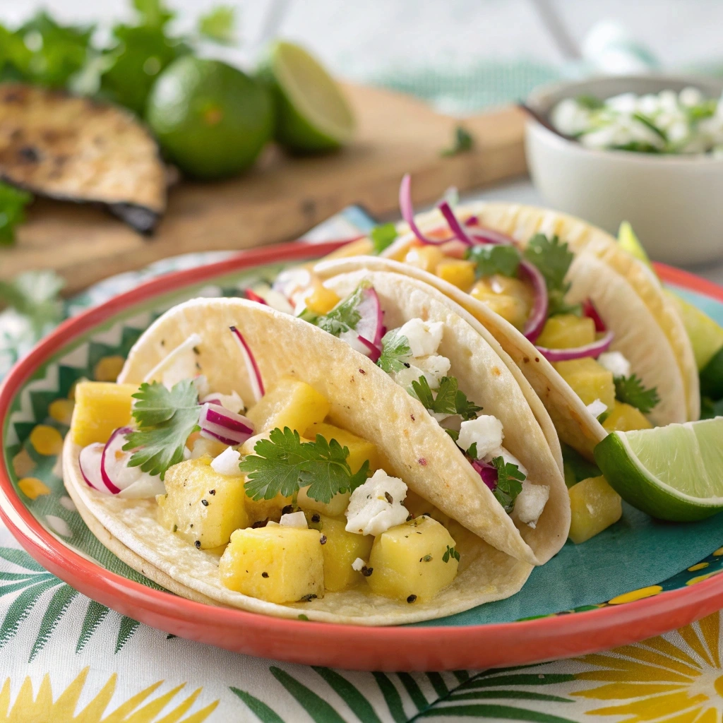 Colorful pineapple and feta tacos on soft corn tortillas, topped with fresh cilantro, red onions, and lime dressing, served on a vibrant plate