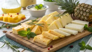 Cheese and pineapple pairing on a wooden cheeseboard with vibrant garnishes, showcasing perfect combinations for flavor.