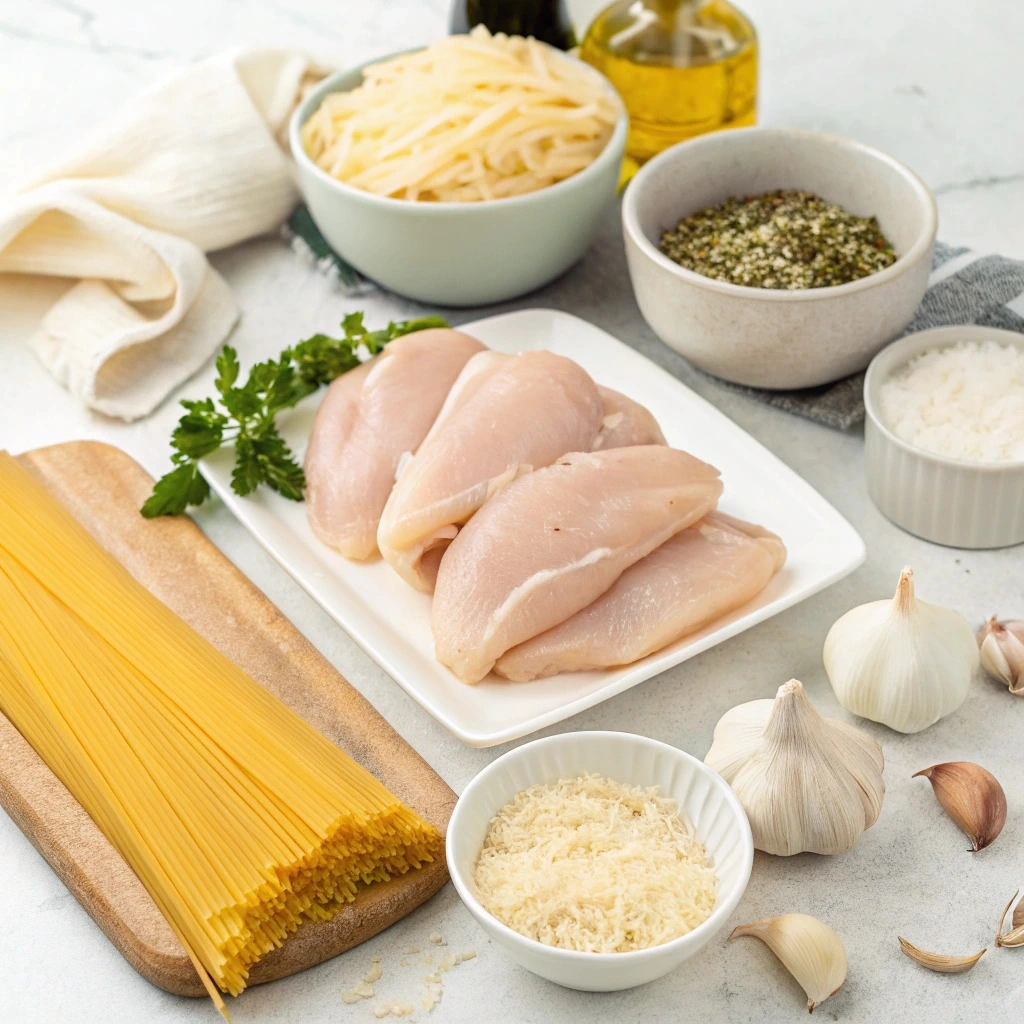 Ingredients like chicken, pasta, garlic, parmesan cheese, and cream arranged neatly.