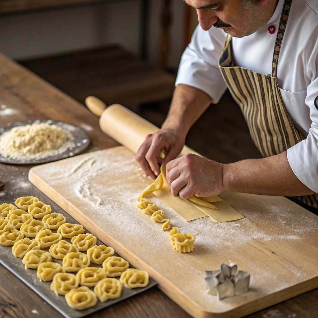 Artisan chef shaping Campanelle pasta by hand on a rustic wooden table, with fresh dough and flour scattered around