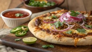 A freshly baked birria pizza topped with shredded birria meat, melted cheese, onions, and cilantro, served with a side of consommé