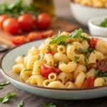 Gluten-free Cavatappi pasta topped with fresh basil pesto and Parmesan cheese.