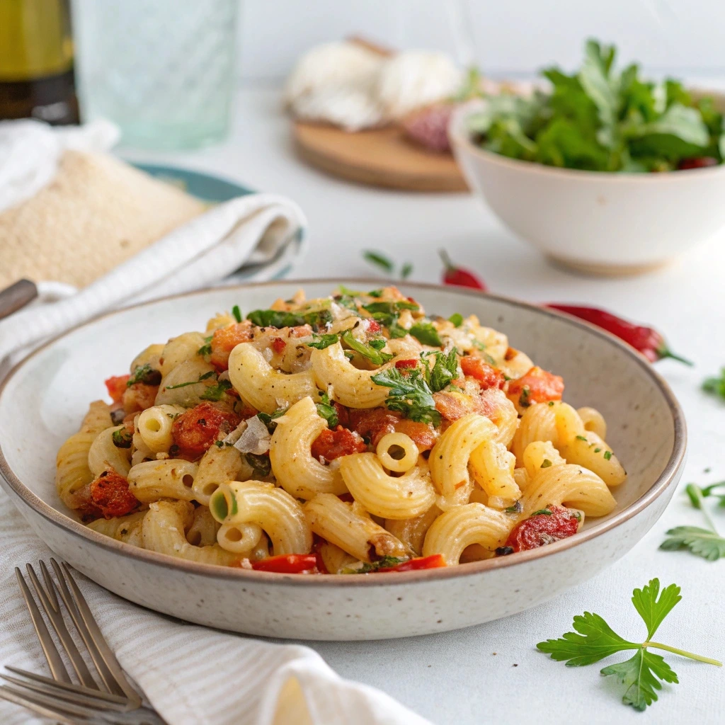 Baked Cavatappi pasta topped with melted cheese in a casserole dish.