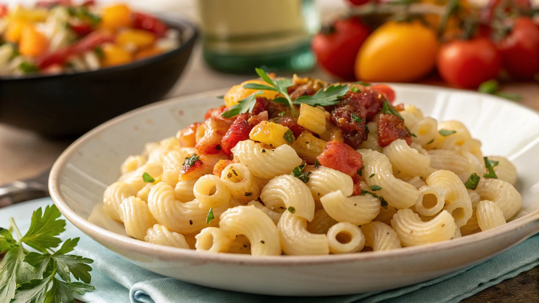 A bowl of Cavatappi pasta topped with creamy sauce and fresh herbs