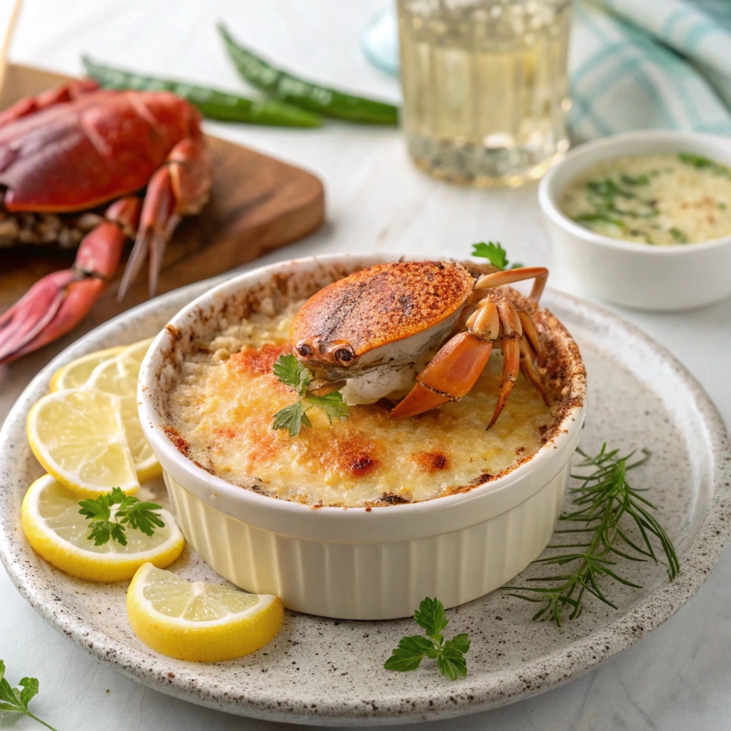 Ingredients for crab brûlée, including crab meat, cream, and seasonings.