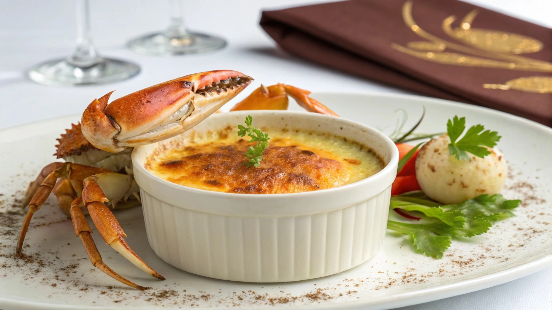 Crab brûlée served in a ramekin with a caramelized sugar crust.