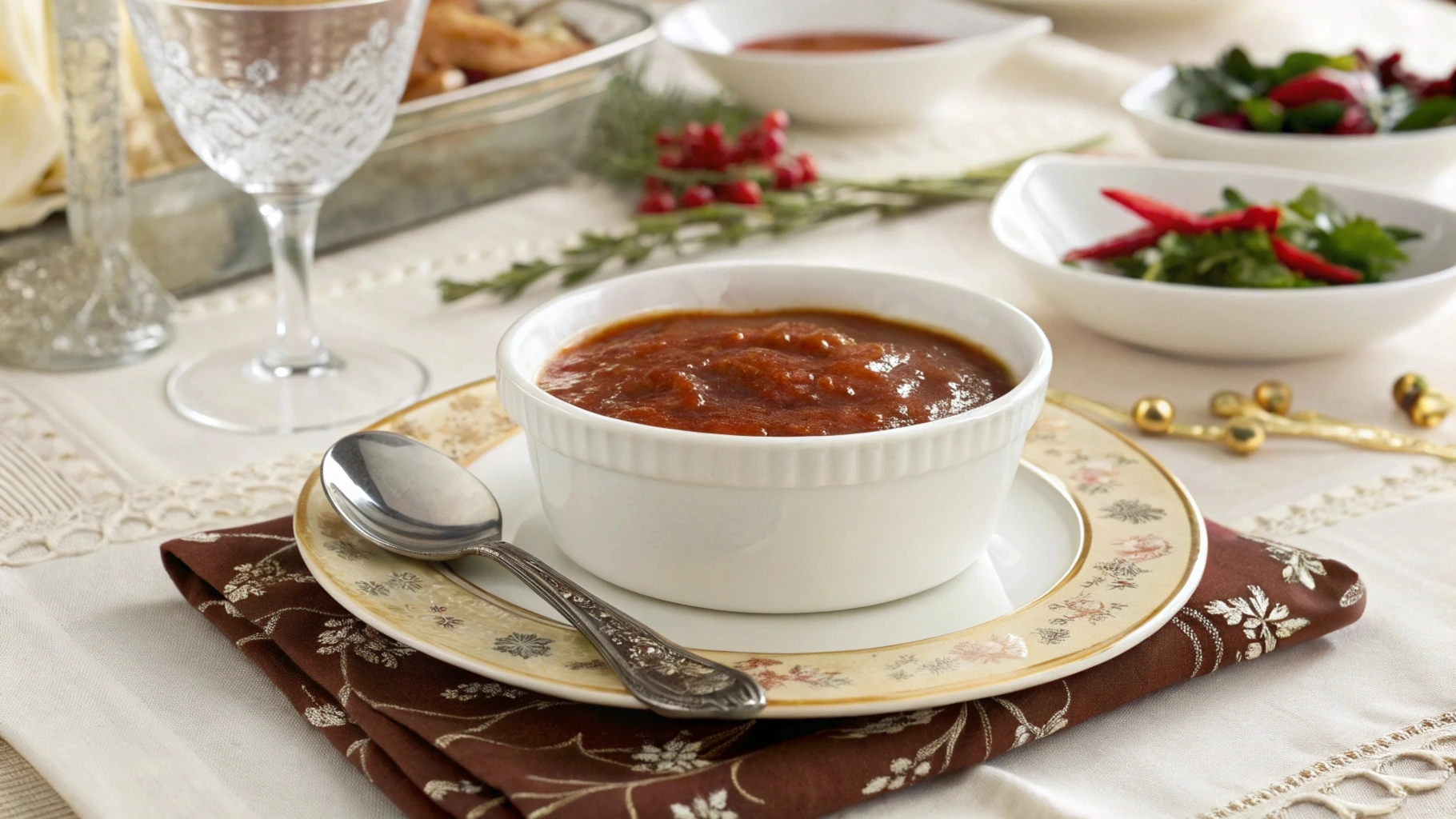 A variety of colorful dipping sauces in bowls on a wooden table.