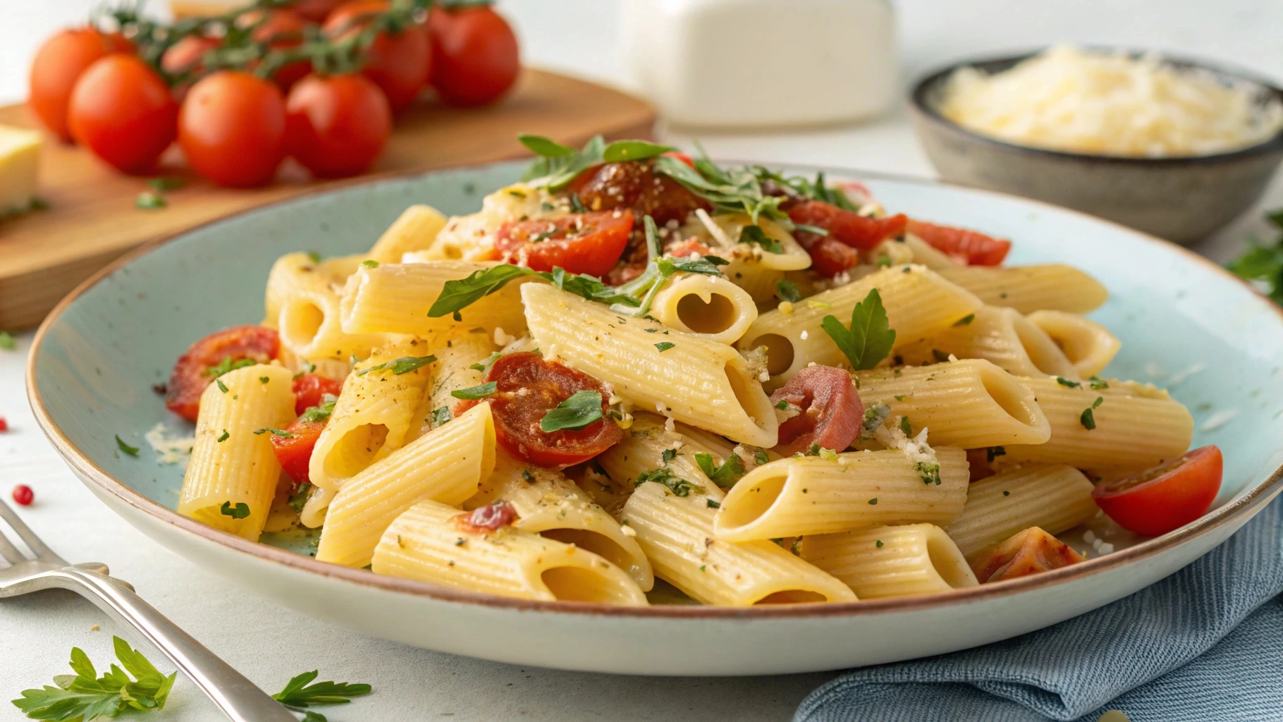 Ditalini pasta in a wooden bowl on a rustic kitchen table